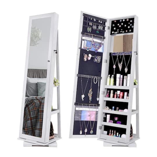 Pearl White Rotatable 2-in-1 Lockable Jewelry Cabinet